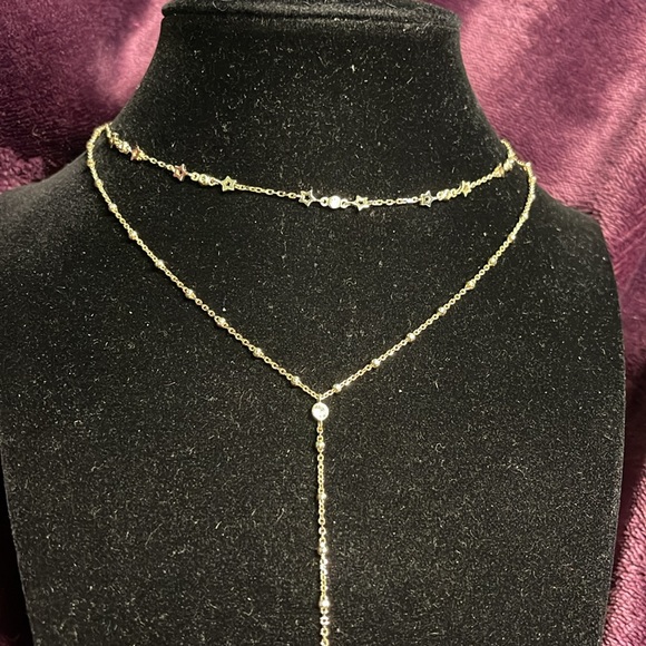 925S GOLD PLATED MULTI STRAND GOLD STARS & CRYSTAL BEZEL SET MOONS NECKLACE - Picture 2 of 9